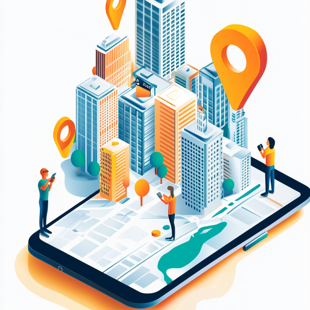 Local SEO and location-based digital marketing concept with mobile map and city